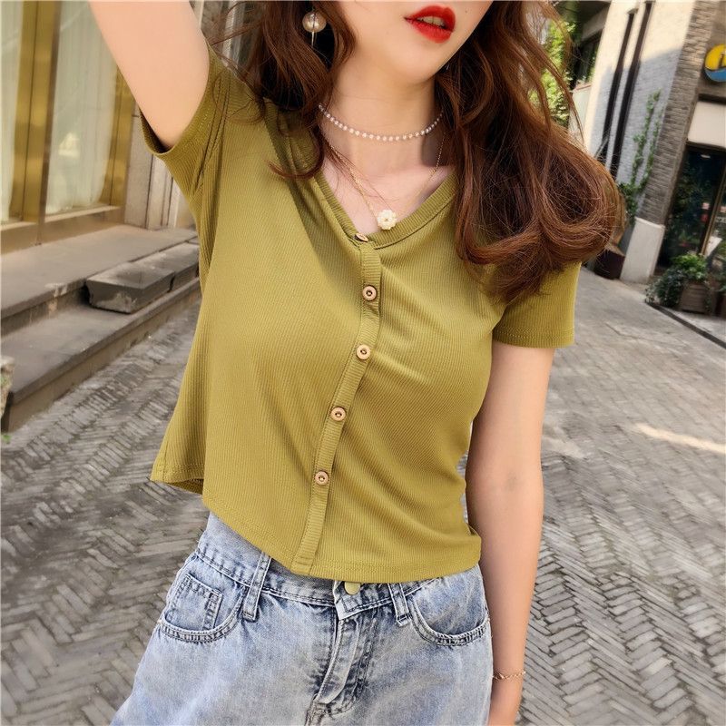 95 bông khí V cổ áo tay ngắn t của phụ nữ áo Hàn Quốc