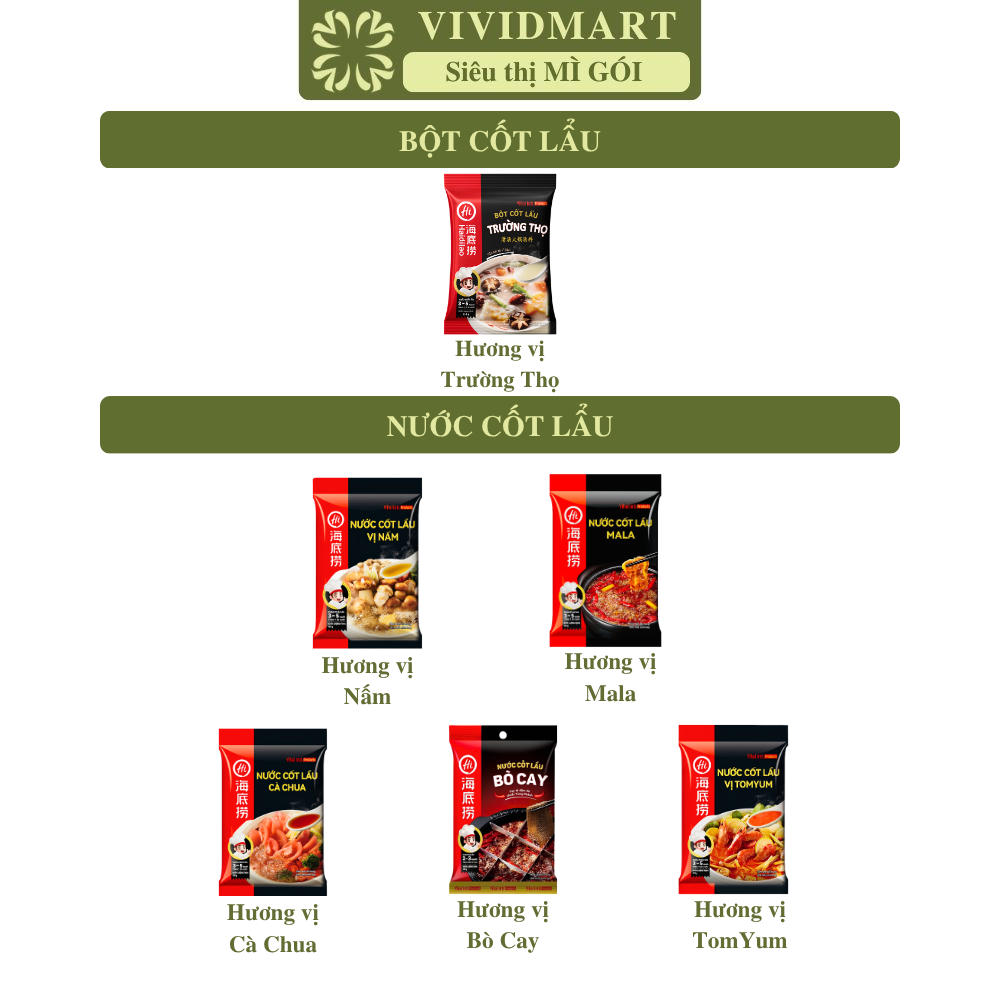 GÓI LẺ - HAIDILAO - Nước cốt lẩu Haidilao 6 vị: Cà chua, Bò cay, Mala, Tomyum, Nấm, bột cốt lẩu Trường thọ 110-220g/gói
