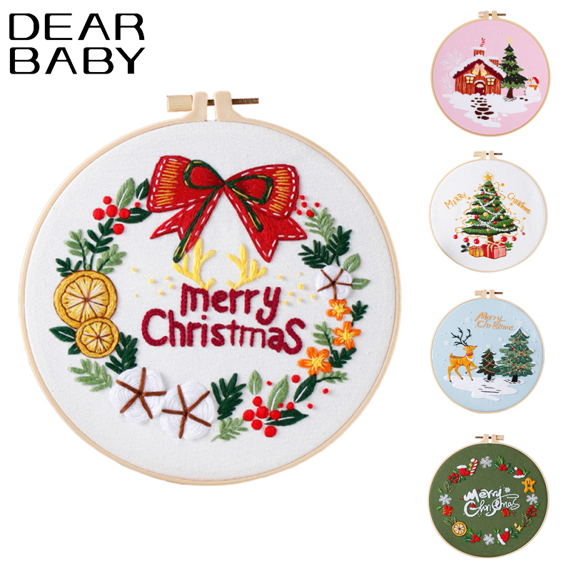 Hot Sales Embroidery Kit Include Embroidery Cloth Hoops Threads Christmas Pattern Series Embroidery Starter Kit
