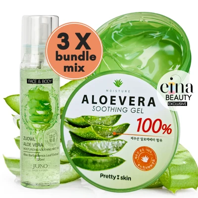 Bundle of 3 Mix PRETTYSKIN Aloe Vera 100% Water-full Soothing gel / JUNO Aloe Vera Moisturizing Soothing Mist SG Ship Einabeauty