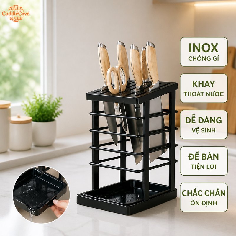 CuddleCove kệ để dao thớt inox khay thoát nước giá úp đũa chống rỉ sét đặt bàn kệ bếp gọn gàng lắp đặt dễ