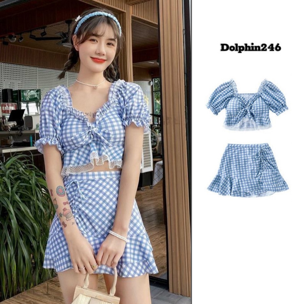 Bikini Đi Biển 2 Mảnh Đồ Bơi Váy Sang Chảnh Cao Cấp Kẻ Caro Xanh 8209 B-25