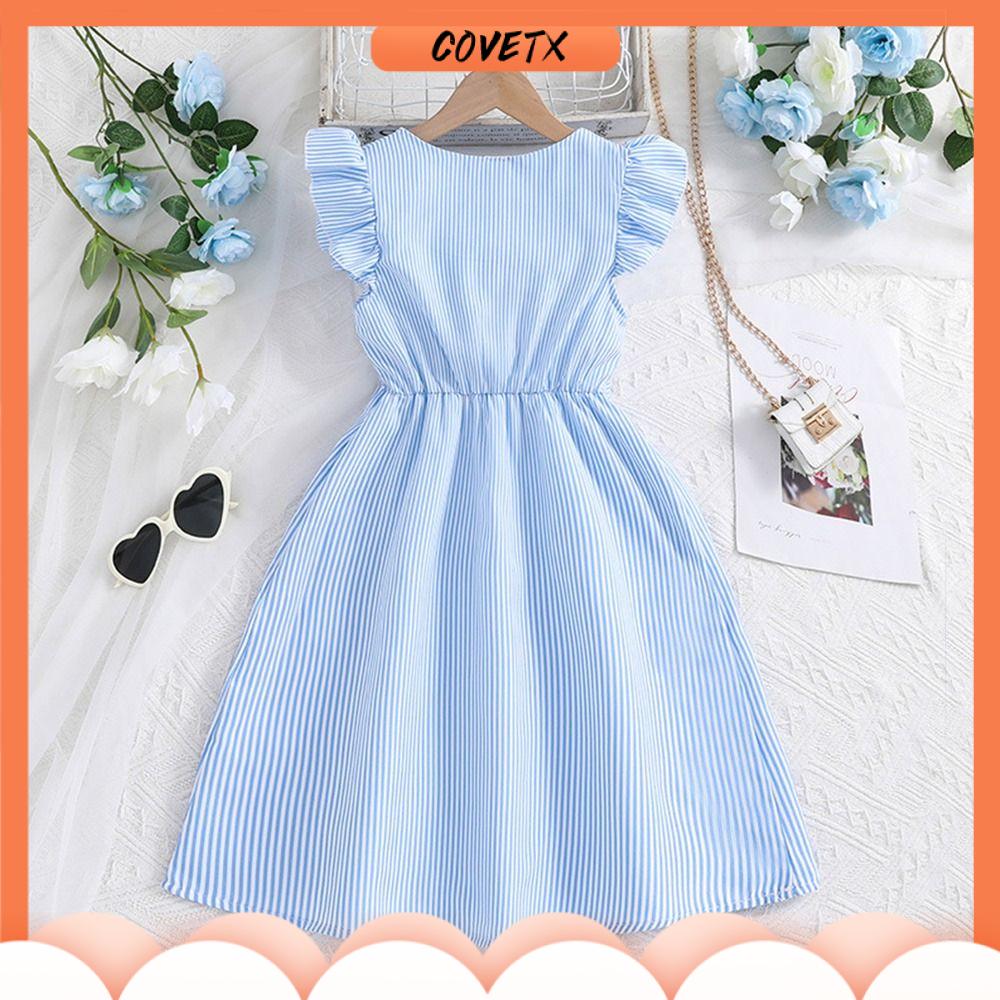 COVETX Mùa hè Váy trẻ em Ngọt ngào Tươi Trang phục Dopamine Thời trang Sọc Váy bé gái