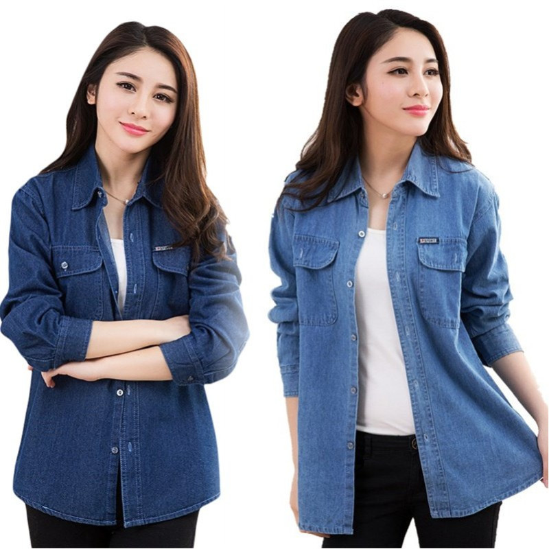 Áo sơ mi áo cánh denim nữ S-4XL xuân thu phong cách thời trang giản dị thanh lịch jean dáng rộng mỏng áo khoác ngoài cao bồi trang phục đường phố màu xanh cỡ lỡn