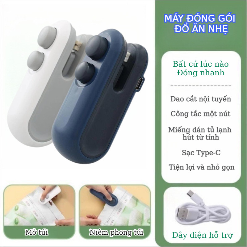 Máy niêm phong túi thực phẩm mini Máy hàn túi nhựa Máy cắt 2 trong 1 sạc Type-C không thay pin sử dụng 10-15 ngày chất liệu ABS nam châm lưỡi dao thép không gỉ bảo quản thực phẩm tươi ngon túi đồ ăn nhẹ khoai tây chiên bánh quy
