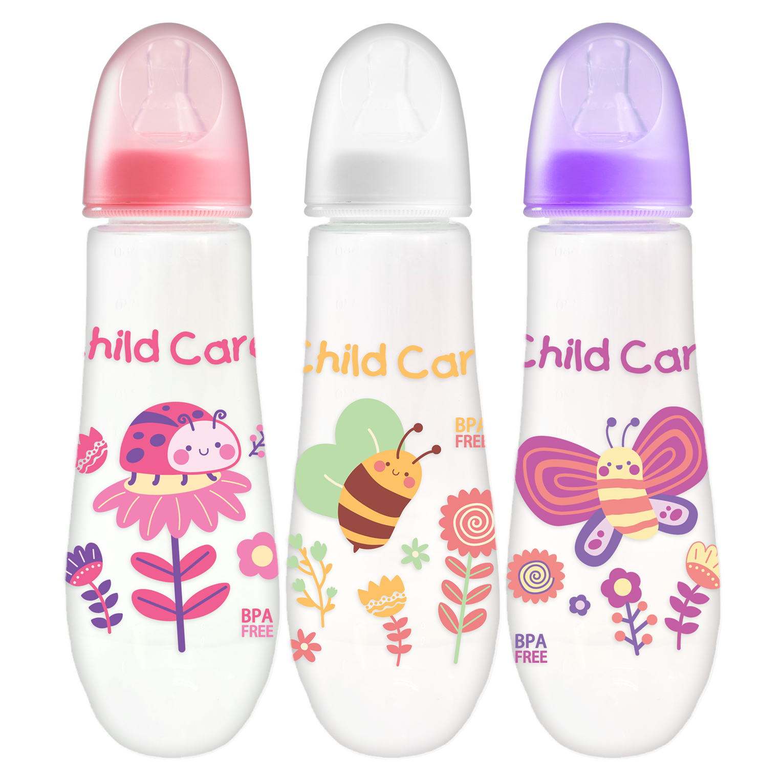 Child Care 12oz BPA FREE Printed Baby Round Plastic Feeding Bottle for Baby Boy and Girl Set of 3