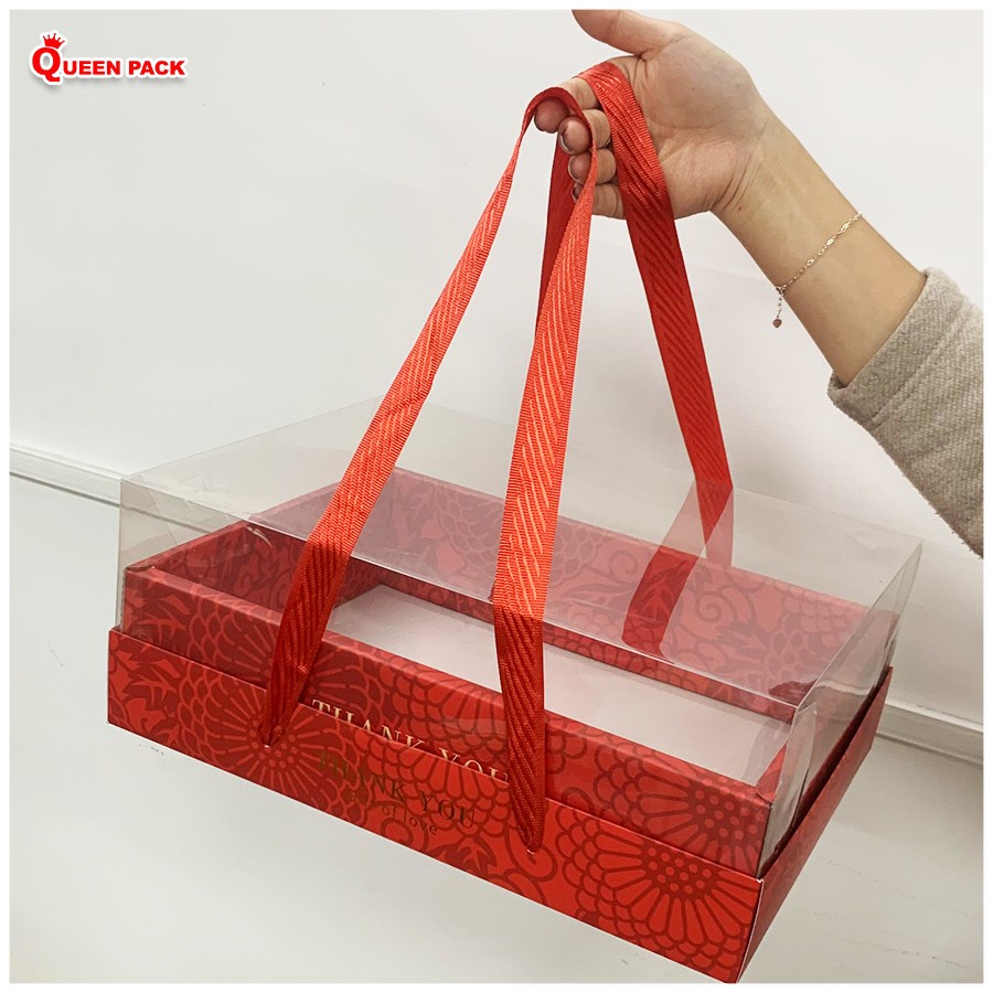 Sỉ Hộp Giấy Chữ Nhật Đựng Hoa Quả Trái Cây Làm Quà Biếu Tặng Quai Lụa Cao Cấp Kèm Nắp Mica Trong Suố