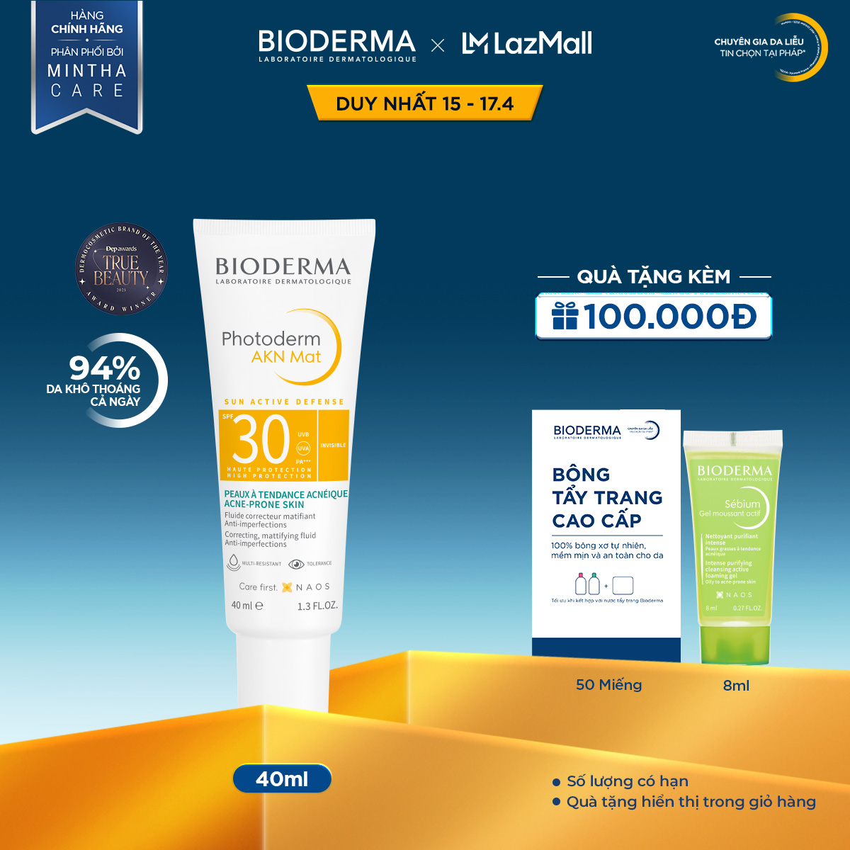 Kem chống nắng dành cho da hỗn hợp, da dầu và da mụn Bioderma Photoderm AKN Mat SPF30 - 40ml