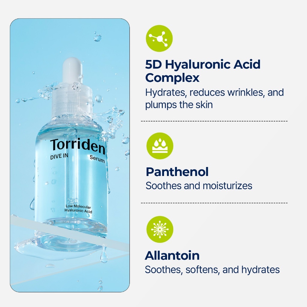 Sérum à l'acide hyaluronique de faible poids moléculaire Torriden DIVE IN pour un éclat hydratant, hydratation profonde intérieure, 50 ml_voghion.com