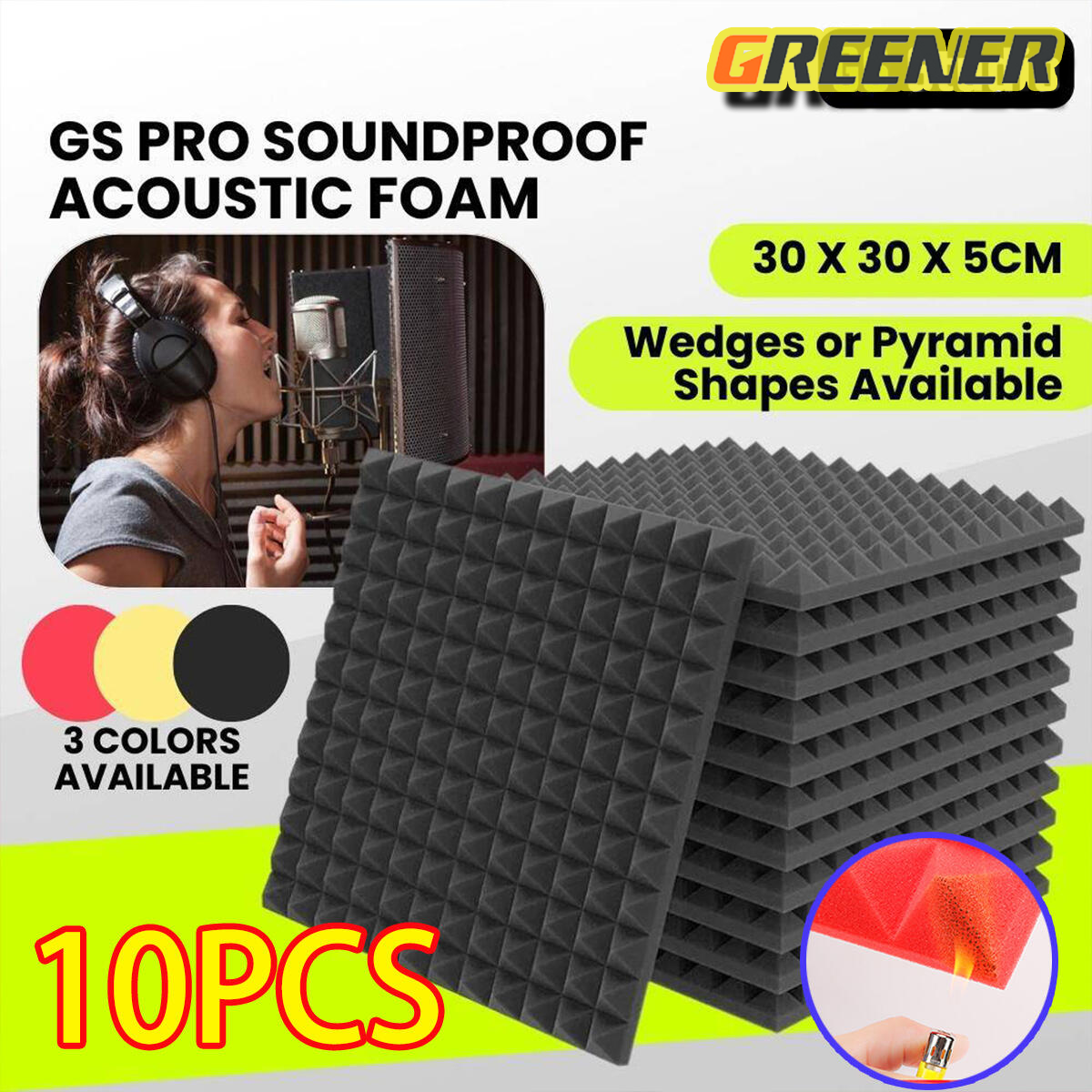 Greener แผ่นเก็บเสียง10ชิ้น30x30x5cmแผ่นซับเสียง สตูดิโอพีระมิดอะคูสติกโฟมแผงดูดซับเสียงความหนาแน่นสูงRoom Soundproof Foam Wall ราคา 348 บาท*ส่งฟรี
