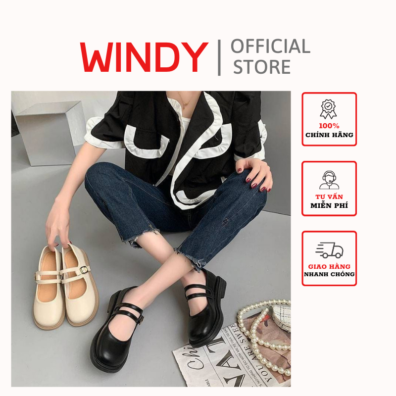 Giày búp bê windy nữ lolita đế bằng quai đôi cá tính da mềm bb-563