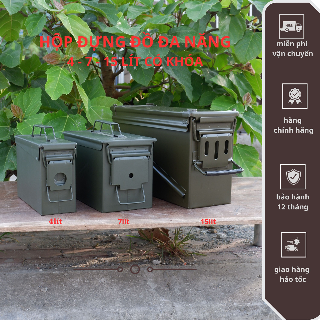 Hàng chuẩn hộp sắt 4 7 11 15 42 lít đựng đồ đa năng ,có khoá két đựng dụng cụ hàng chuẩn quân nhu xuất khẩu sac