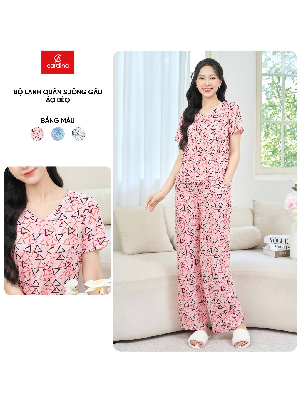  Bộ đồ mặc nhà nữ CARDINA chất lanh cổ tim tay ngắn quần suông gấᴜ áo bèo 5BLD04 