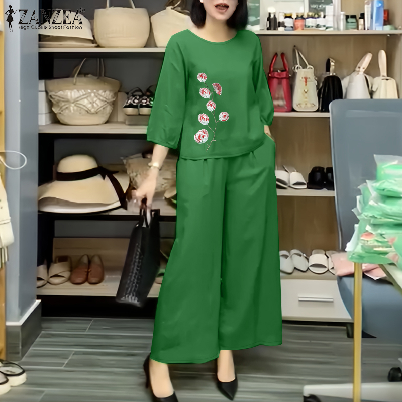 Hijabfab ZANZEA Phụ Nữ Hai-Mảnh Trang Phục 3/4 Tay Áo thêu hoa Top Bộ quần dài #0526