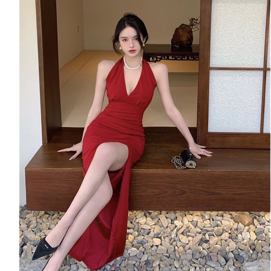 NOYI Váy Gợi Cảm Nữ Mũi Giáo Dạ Dạ Phong Cách Đầm Ôm Body Dự Phòng Đầm Đũi Vai Nữ Váy Body Nữ Đầm Dà