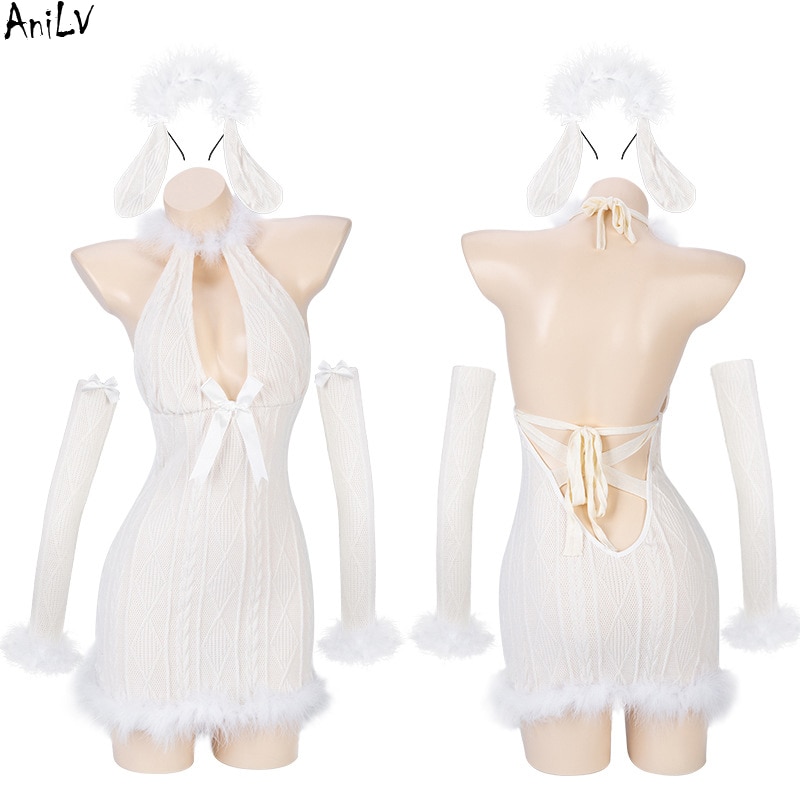 【Worth-Buy】 Anilv Snow Angel Girl Furry Knitted Dress Unifrom Women Bunny Backless Nightdress Pajamas Outfits Costumes Cosplay