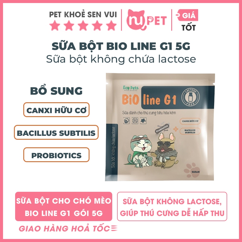 Sữa bột mèo Bioline G1 Ecopets gói 5g không chứa lactose, bổ sung vitamin, canxi cho chó mèo con