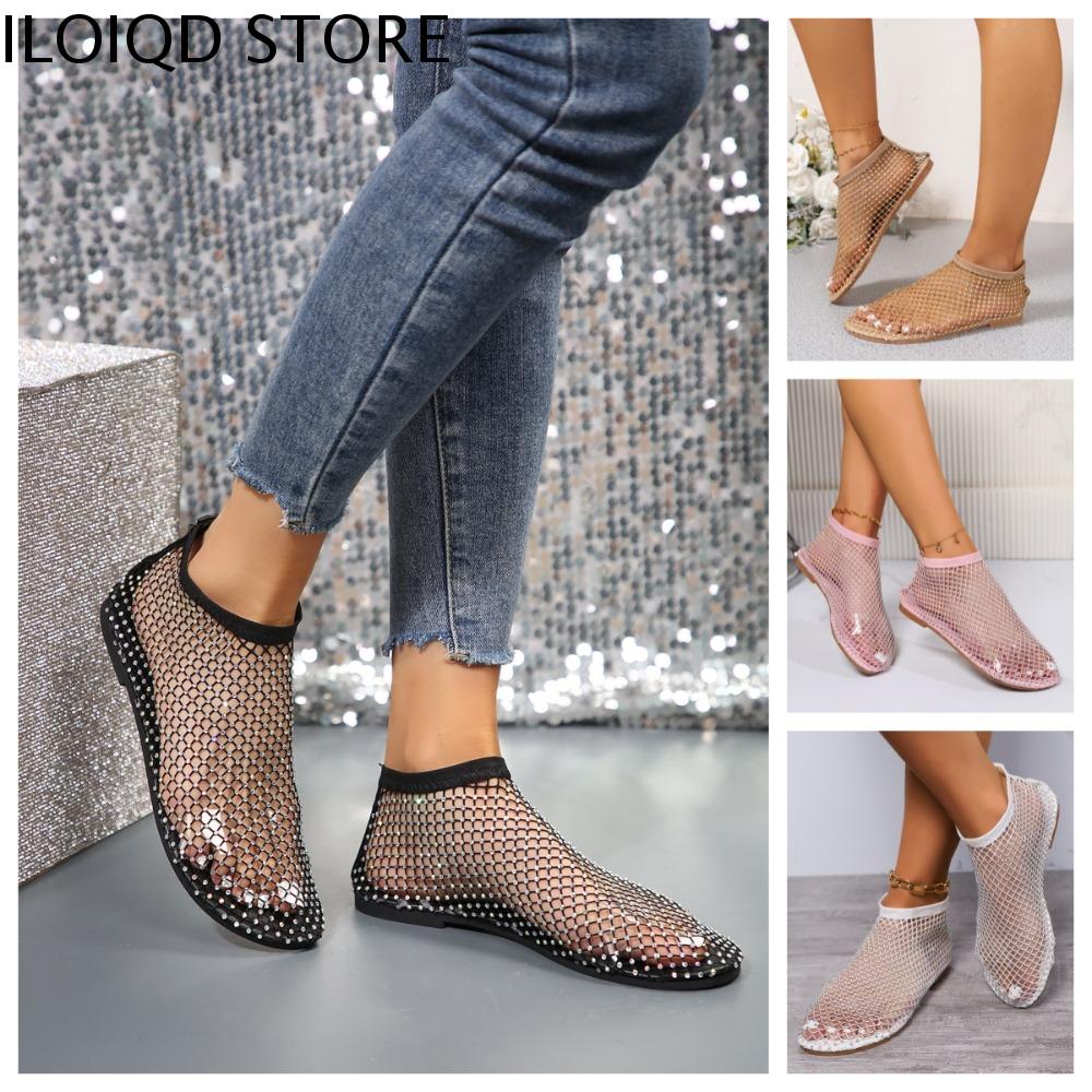 ILOIQD Ngày lễ Dép sandal đính đá rhinestone Chống nước Không trượt Giày boot cổ thấp  Thời trang Giày bệt Dép lưới bên bờ biển Cô gái