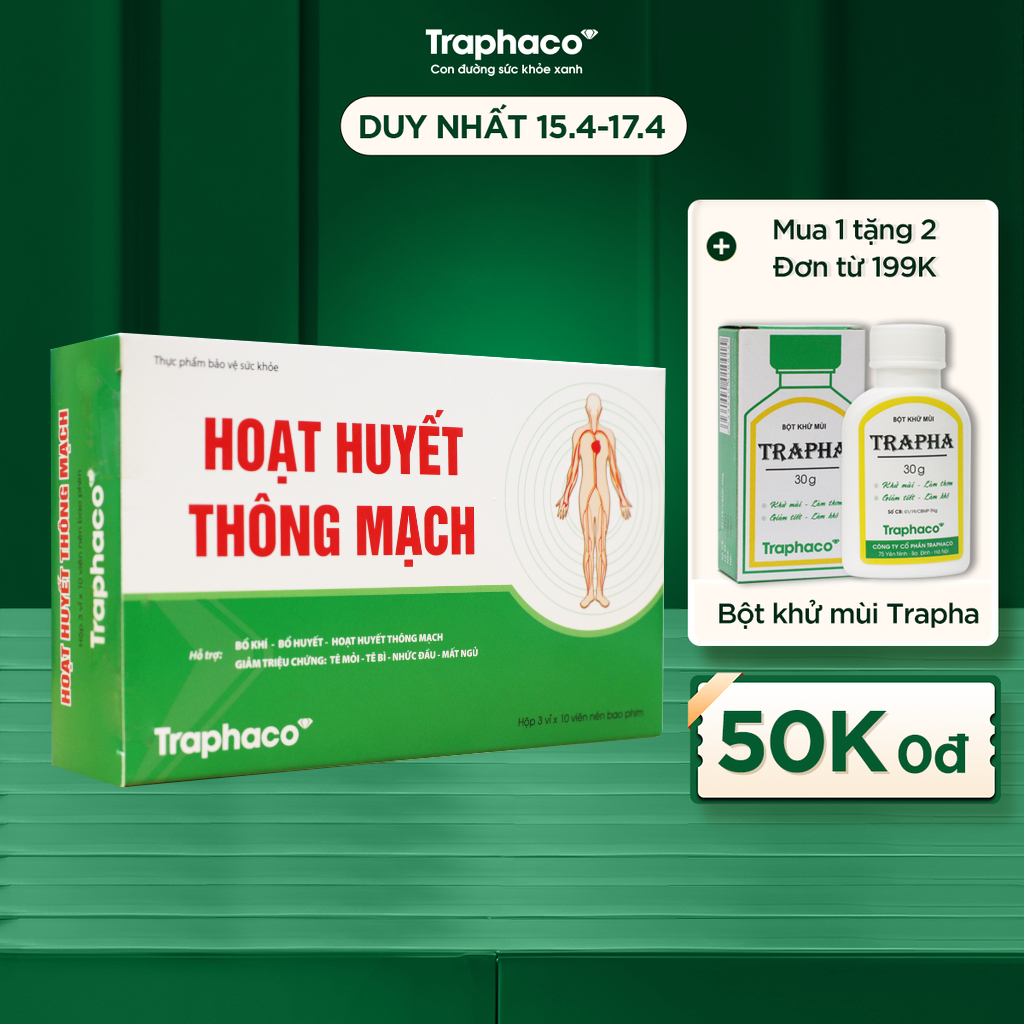 Hoạt Huyết Thông Mạch Traphaco Hỗ Trợ Bổ Khí Huyết, Hoạt Huyết, Thông Mạch, Giảm Triệu Chứng Tê Mỏi , Tê Bì Nhức Đầu Mất Ngủ Hộp 30 Viên