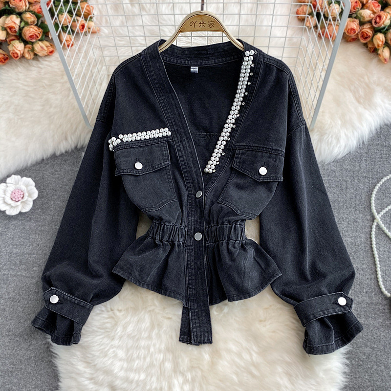 S-XXL Áo khoác nữ denim V cổ kim cương giả Kim Cương Ngọc trai quá khổ xuân thu ngắn thời trang giản dị thanh lịch jean dáng rộng áo khoác cao bồi trang phục đường phố đen xanh dương