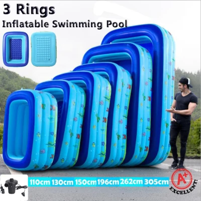 ‍♂️Local Stock 3 Rings Inflatable Rectangular Baby Swimming Pool Kids Bathtub Non Slippery Electric & Leg Pump