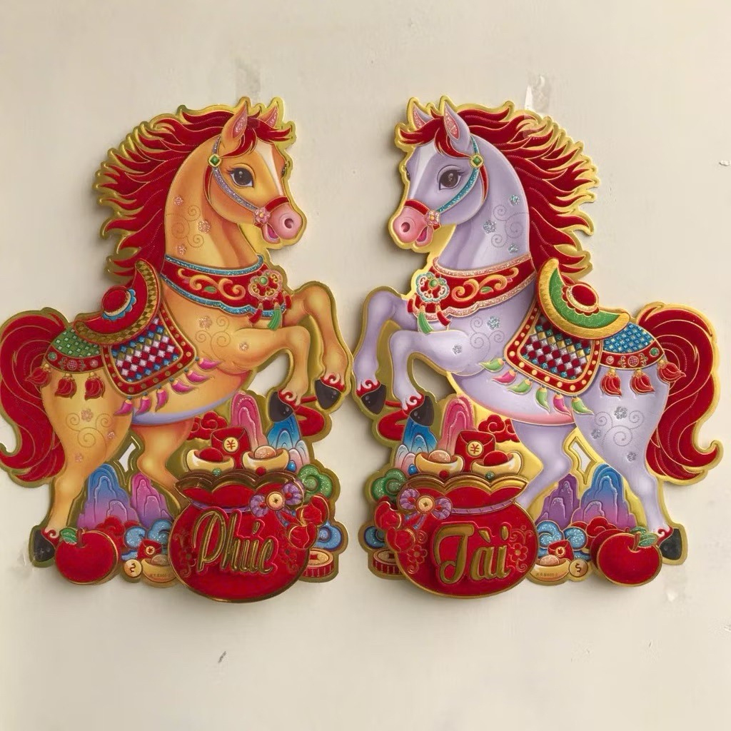 [ mẫu đẹp ] Set 2 NGỰA HOÀNG KIM Dán Cửa Trang Trí Tết . Dán Cửa Tết