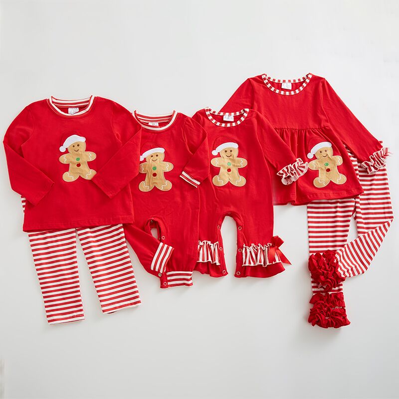 Exclusive Girlymax Christmas Sibling Baby Girls Boys Gingerbread Santa Jesus Stripe Plaid Pants Set Ruffles Romper Top Clothing