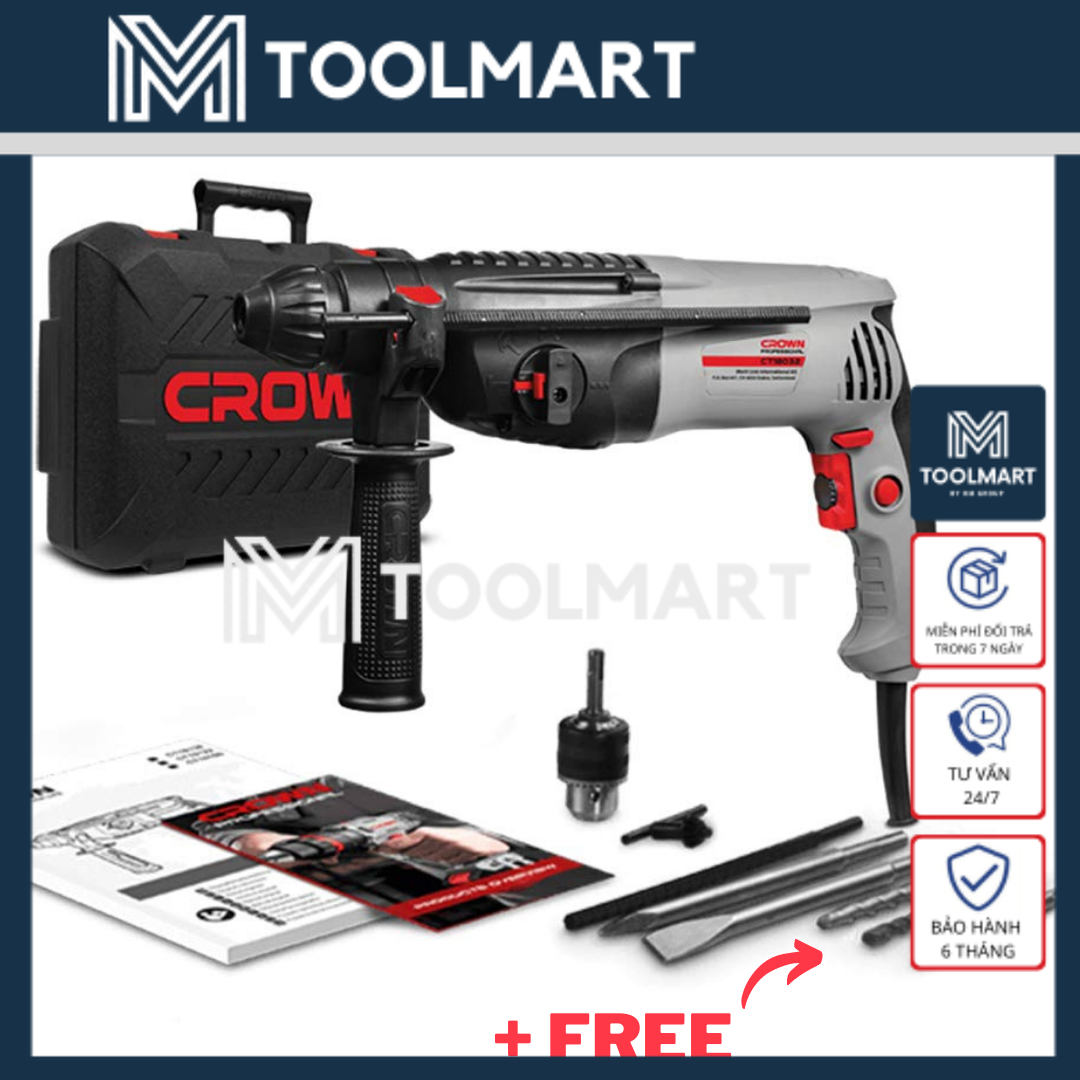 26mm máy khoan búa 850w crown - chuyên dùng khoan tường, bê tông, sắt, thép - ct18032 bmc