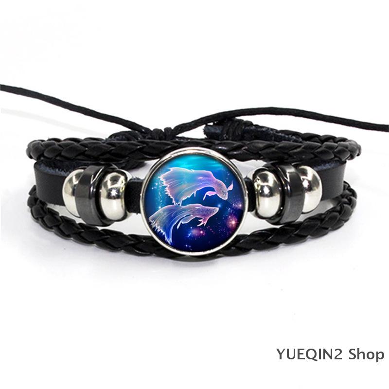 YUEQIN2 Shop 12 Constellation Zodiac Sign Black Braided Leather Bracelet Woven Dome Jewelry Punk Bracelet