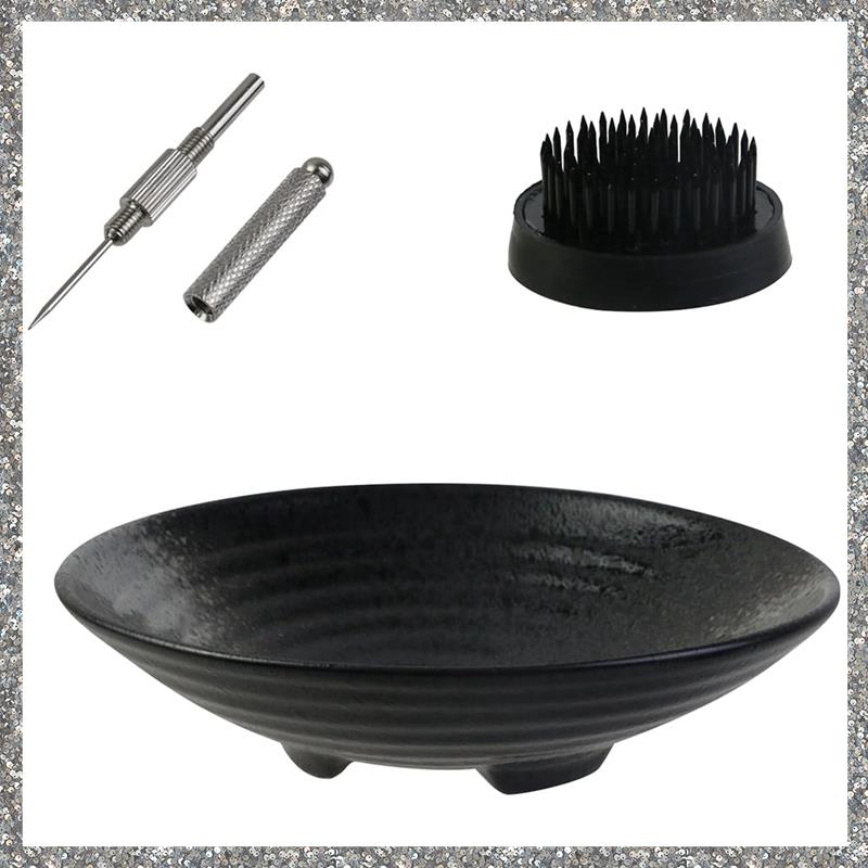 Ikebana Vase Kit, Ceramic Ikebana Bowl and Metal Flower Kenzan, with Needle Straightening Tool