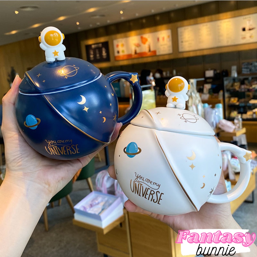 Cốc sứ uống nước trà decor có nắp và thìa Universe cao cấp 400ml hoạ tiết dễ thương trang trí nhà bếp