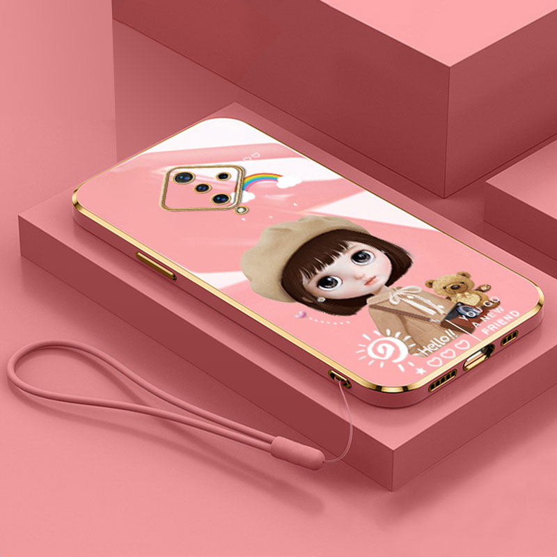 Mạ sang trọng Mũ Cô Gái Dây đeo tay Ốp điện thoại cho Vivo di động y02 y02s y7s Y7 cộng với y9s Y12 y12s y12a Y15 y15s y15a Y16 y17 Y19 Y20 y20s y20a y20i bền lỗ chính xác cao su mềm vỏ điện thoại