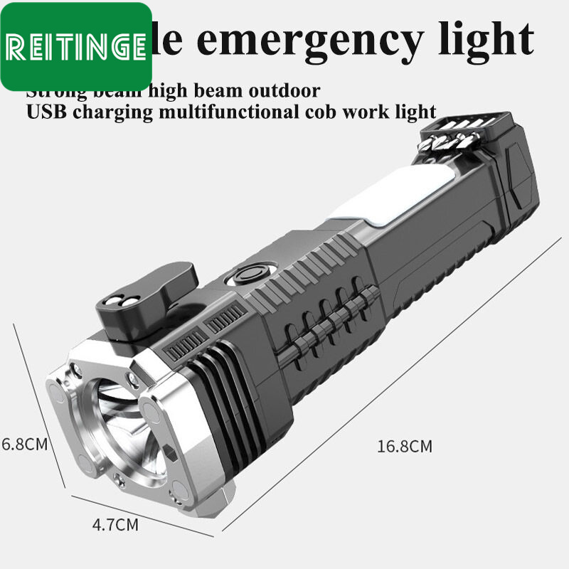 Đèn pin led, ánh sáng mạnh kính thiên văn ánh sáng, sạc usb ngoài trời, đa chức năng đèn làm việc cob, búa an toàn cho xe ô tô