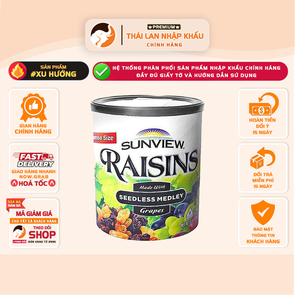 [COMBO 3 HỘP] Nho Khô Mỹ Sunview Raisins – Hộp 425g