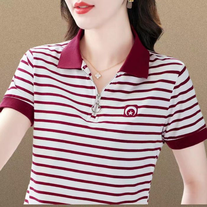 95 Cộc Tay Cotton T Áo Sơ Mi Nữ Cổ Bẻ Sọc Giảm Tuổi polo Áo Áo Cỡ Lớn Kiểu Tây Nữ