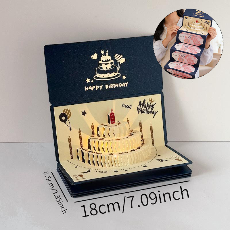 3d Musical Birthday Cake Card Led Light Pop-up Greeting Cards 6Slots Red Envelope Money Packets for All Occasion Girl Kid Wife Postcards