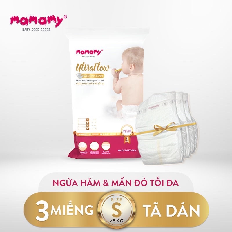 TÚI 3 MIẾNG TÃ DÁN MAMAMY ULTRAFLOW SIZE S NGỪA HĂM MẨN ĐỎ/ BỈM DÁN MAMAMY S