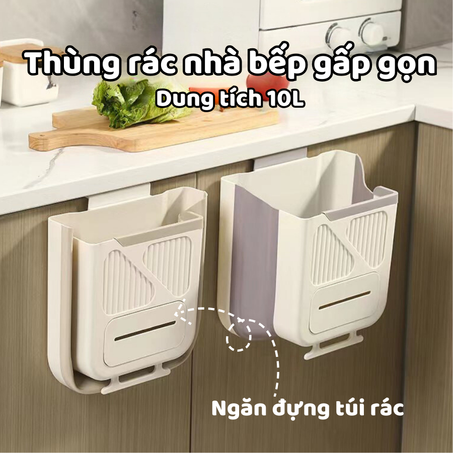 Thùng rác treo tủ bếp gấp gọn thông minh 10L có ngăn đựng túi rác tiện lợi, Thùng rác treo tường gấp gọn
