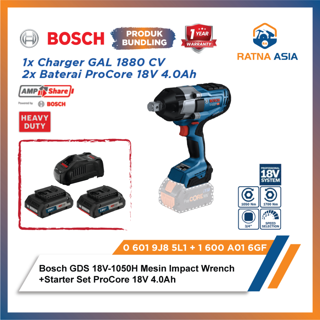 Bundling Promo Bosch GDS 18V-1050 H (Unit Only) + Starter Set ProCore 18V 4.0Ah + Charger GAL 1880CV Giá 8,532,000 Đồng*Miễn phí vận chuyển