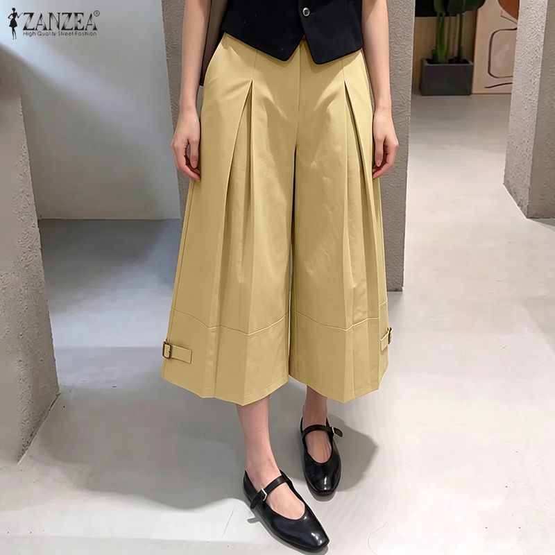 ZANZEA Korean Style Women Casual High Waist Pleated Trousers Plain Wide Leg Three Quarter Pants #0810