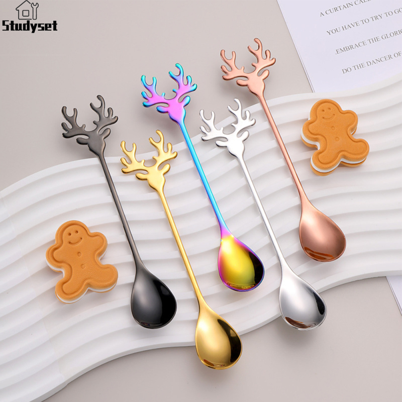 Studyset IN stock Christmas Elk Head Shape Stirring Spoon 304 Stainless Steel Coffee Dessert Spoon Exquisite Tableware Party Gift ราคา 33 บาท*ส่งฟรี