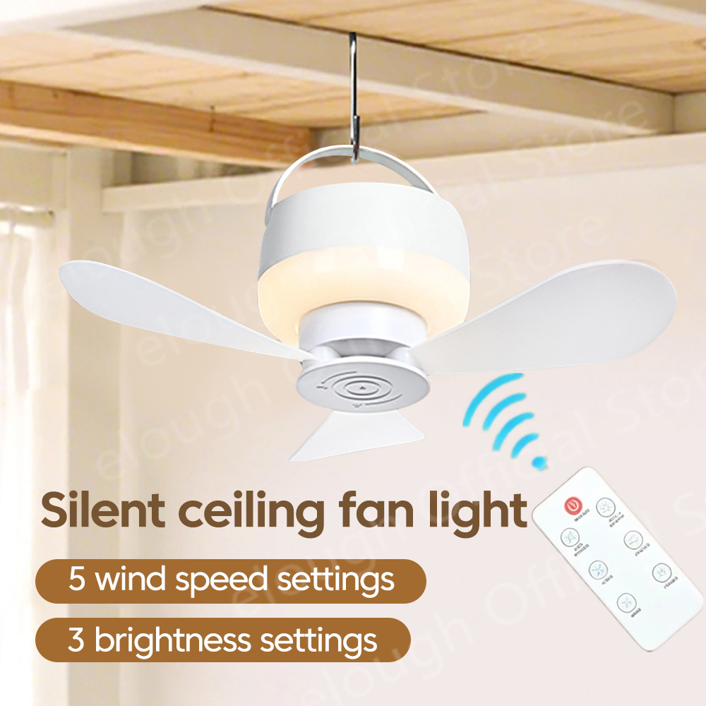 Ceiling Fan with LED Light and Remote 5 Level Wind Speed USB Rechargeable Portable Hanging Fan for Tent Camping Dorm Bedroom Outdoor Travel