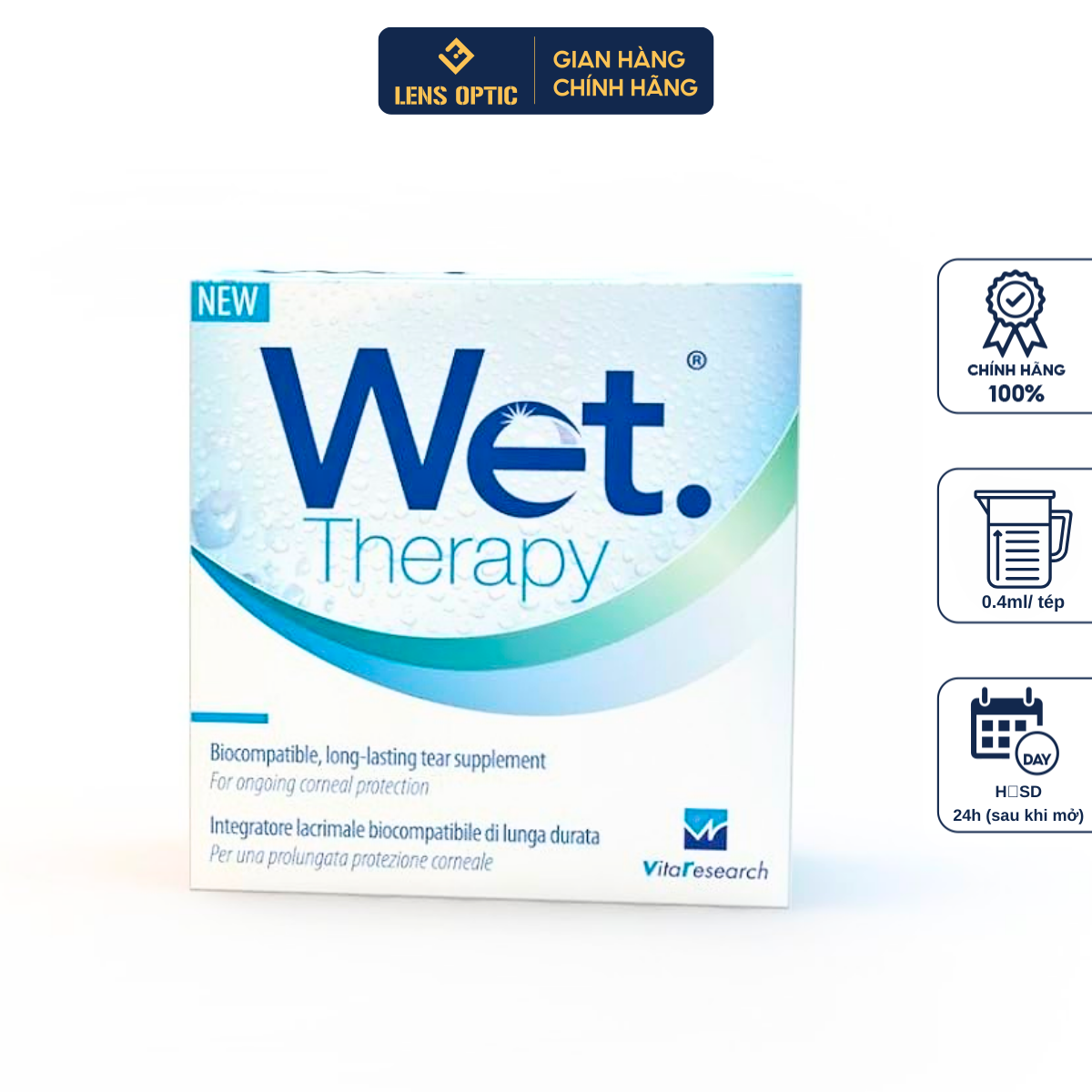 [1 TÉP] Nước mắt nhân tạo Wet Therapy không chất bảo quản 0.4ml (dạng tép), nhỏ mắt lens cấp ẩm cho mắt khô - Lens Optic