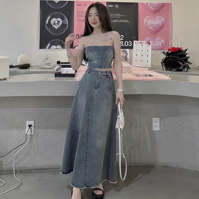 710★Set váy - đầm jean bò denim cúp ngực áo quây ngực chun lưng phối chân váy jean dáng dài siêu hot