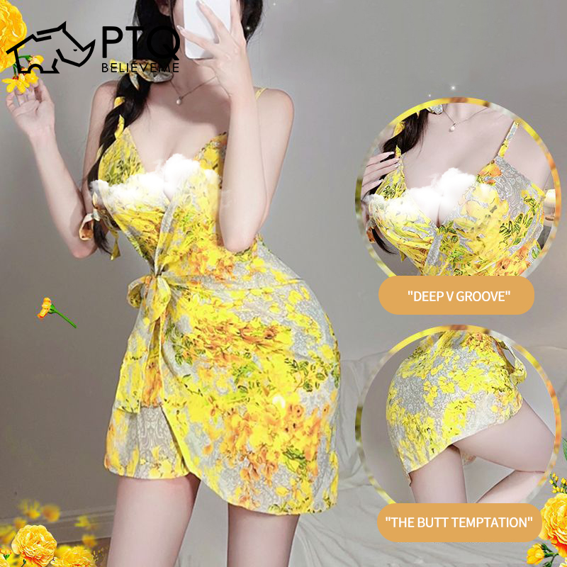 Sexy Lingerie Tiktok Yellow Nightdress Suspender Pajama Strappy Short