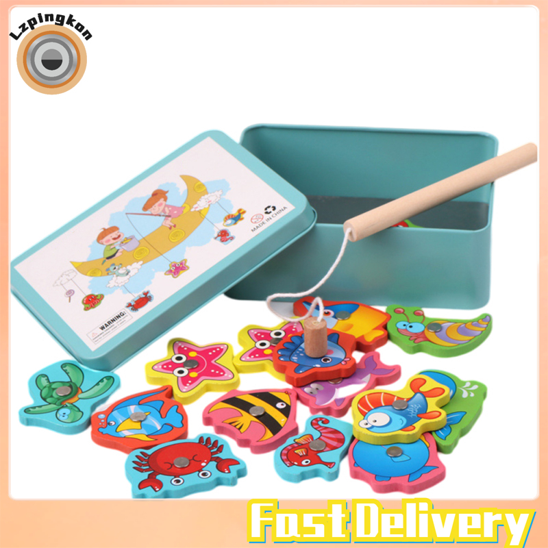 Lzpingkon Fast Delivery 15pcs Wooden Magnetic Fishing Toy Set With Iron
