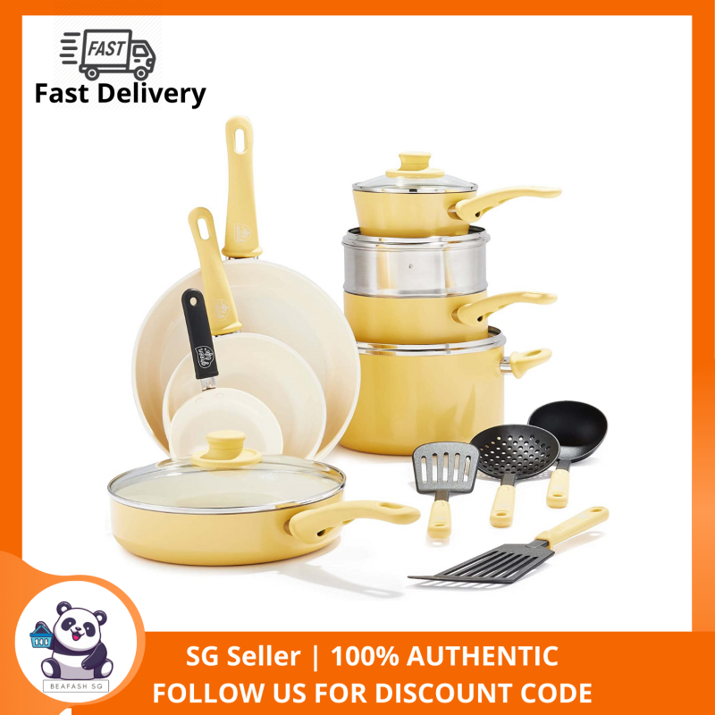 GreenLife Soft Grip Healthy Ceramic Nonstick Yellow Cookware Pots and Pans Set, 16-Piece Singapore