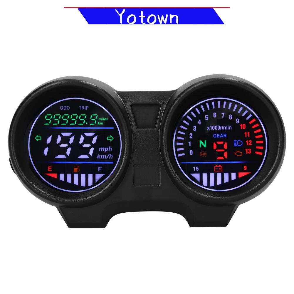 Yotown Đèn LED Đồng hồ tốc độ xe máy Đồng hồ đo đường 13000RPM 199KM/H Máy đo tốc độ điện Đồng hồ đo nhiên liệu Vôn kế 12 V với đèn báo hiển thị bánh răng Báo động nhấp nháy