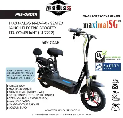 MaximalSG PMD-F-07 Seated 14inch Electric Scooter 48V 7.5AH LTA compliant (UL2272)