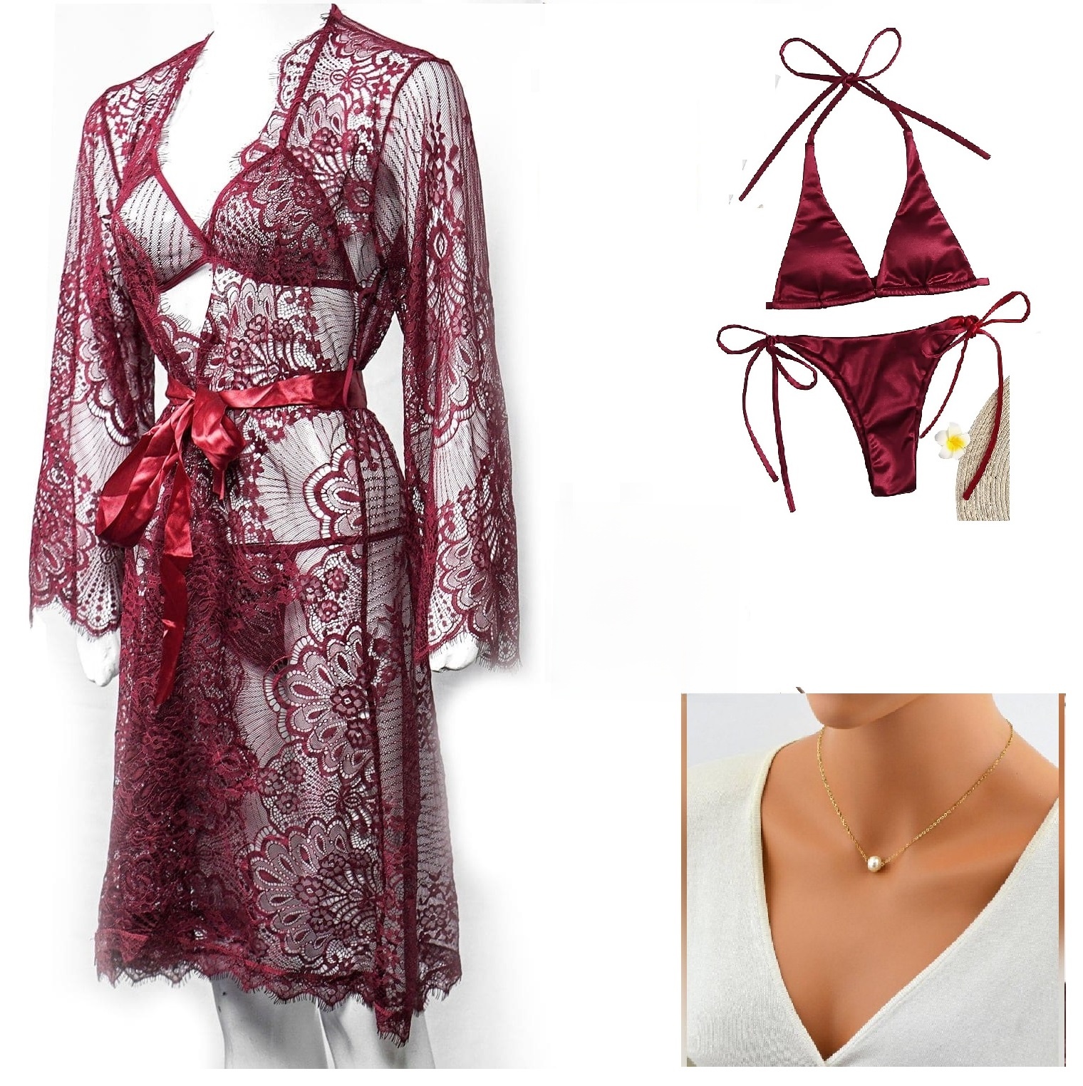 Pack of 04 - High Qaulity Lace Net See Through Bridal Nighty Set Pratiharye Valentine Special! Babydoll Nightwear Net Robe/Chemise with Bikini Set | Hot & Saxy | for Honeymoon/First Night Anniversary for Women/Girls Best gift with  Necklace.,